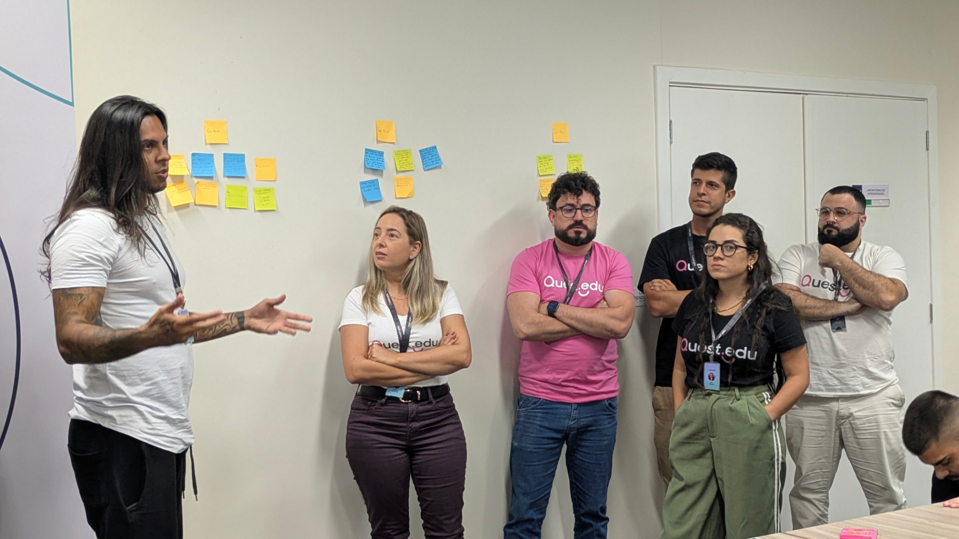 Workshop com o time da Quest.edu em frente a post-its